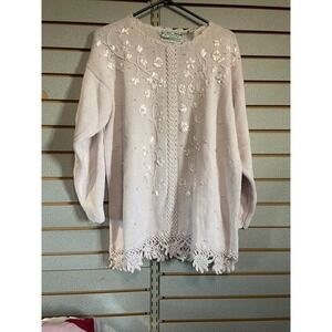Vintage Emerald Isle Embellished Floral Knit Sweater Crochet Trim Pink Medium
